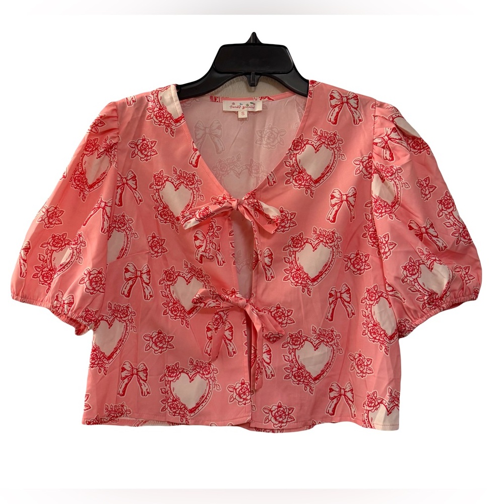 Coquette Girl Pink Hearts Puff Sleeve Top